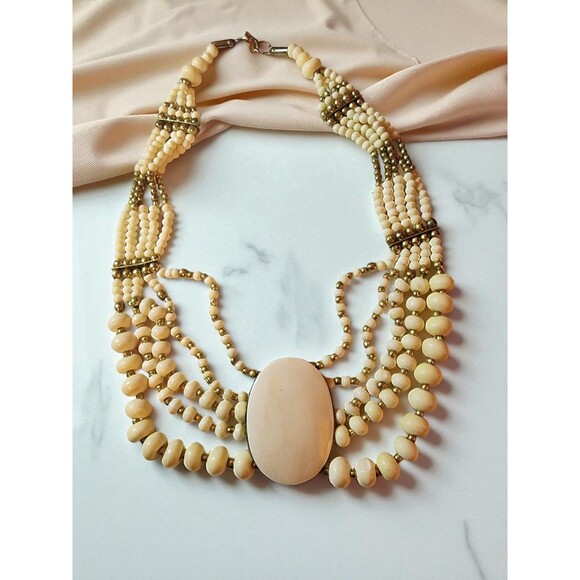 Vintage Faux Ivory Wood Bead Necklace – Multi-Strand Hook Clasp Beauty - Picture 1 of 8